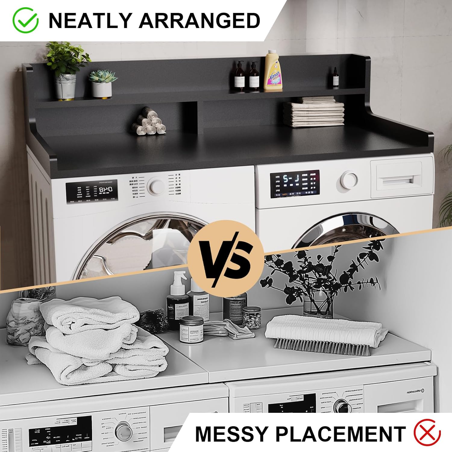 2-Tier Washer Dryer Countertop 54' x 27.55' Washer Dryer Topper for Laundry Room Organization, Large Countertop Cover with Non-Slip Pad Black