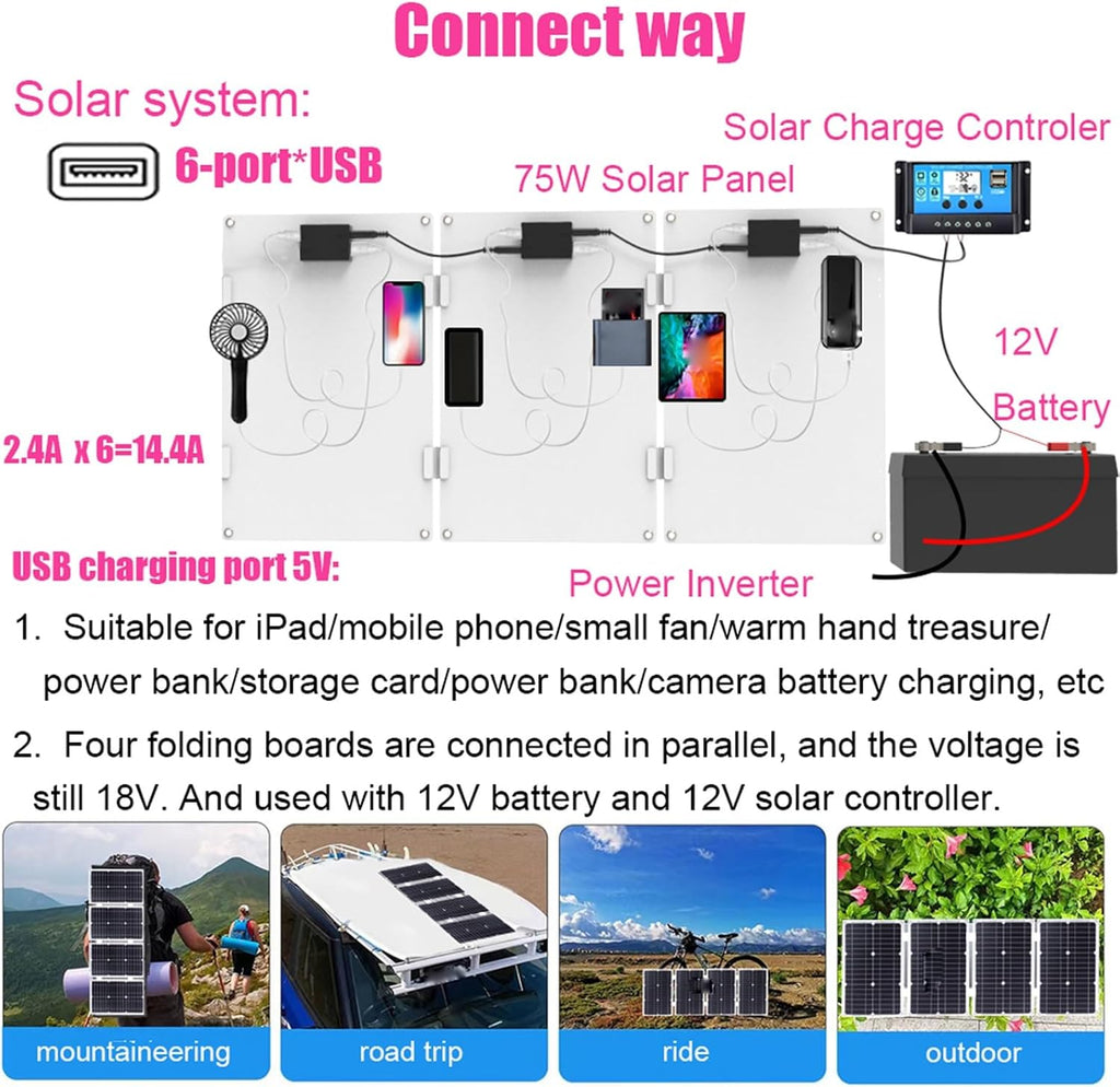 3000W Solar System Kit - 12V to 110V/220V Inverter, Complete Solar Generator with 75W Folding Panel & 50A Controller for Home/Grid Use, Efficient Photovoltaic Power Solution (Black)