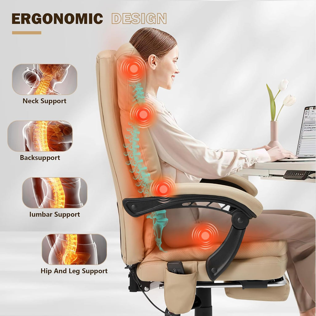 HOMREST Ergonomic Office Chair with 6-Point Massage & Heating, Adjustable Executive Desk Chair with Retractable Footrest, PU Leather Home Office Desk Chair for Home & Office (Khaki)