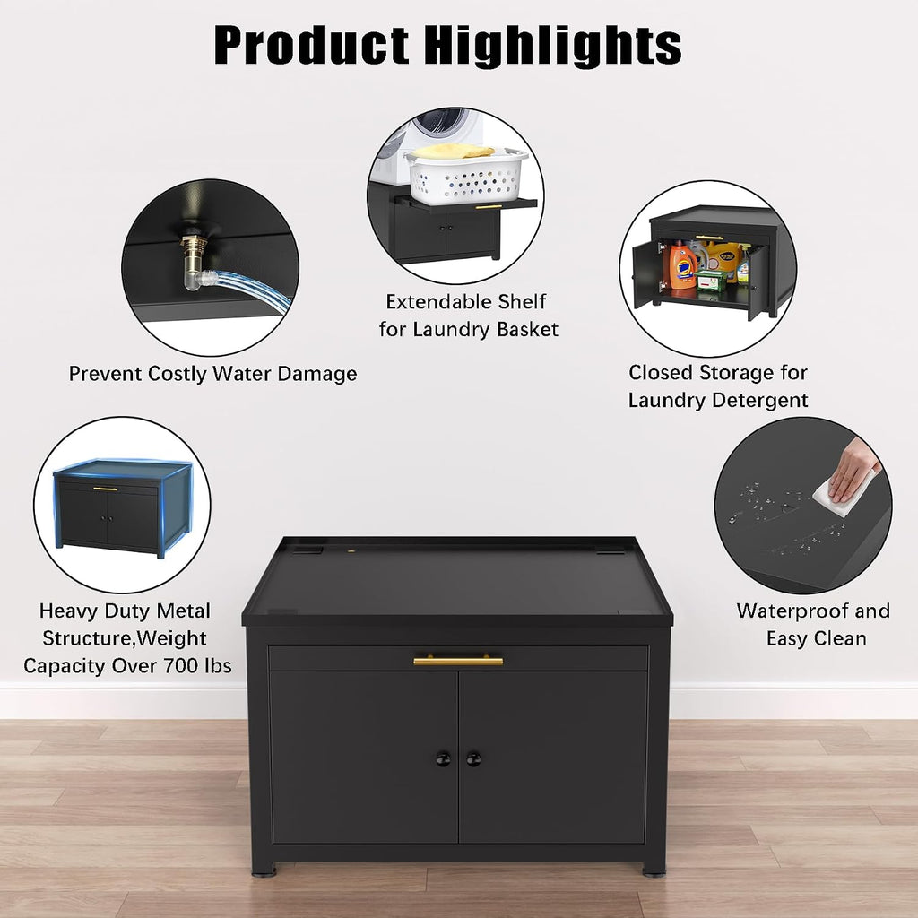GDLF Laundry Pedestal Heavy Duty Metal Washer Dryer Pedestal 29' Universal Fit Anti-Vibration Washing Machine Stand with Laundry Basket Shelf and Built-in Drain Pan + Hose,770 LBS Capacity