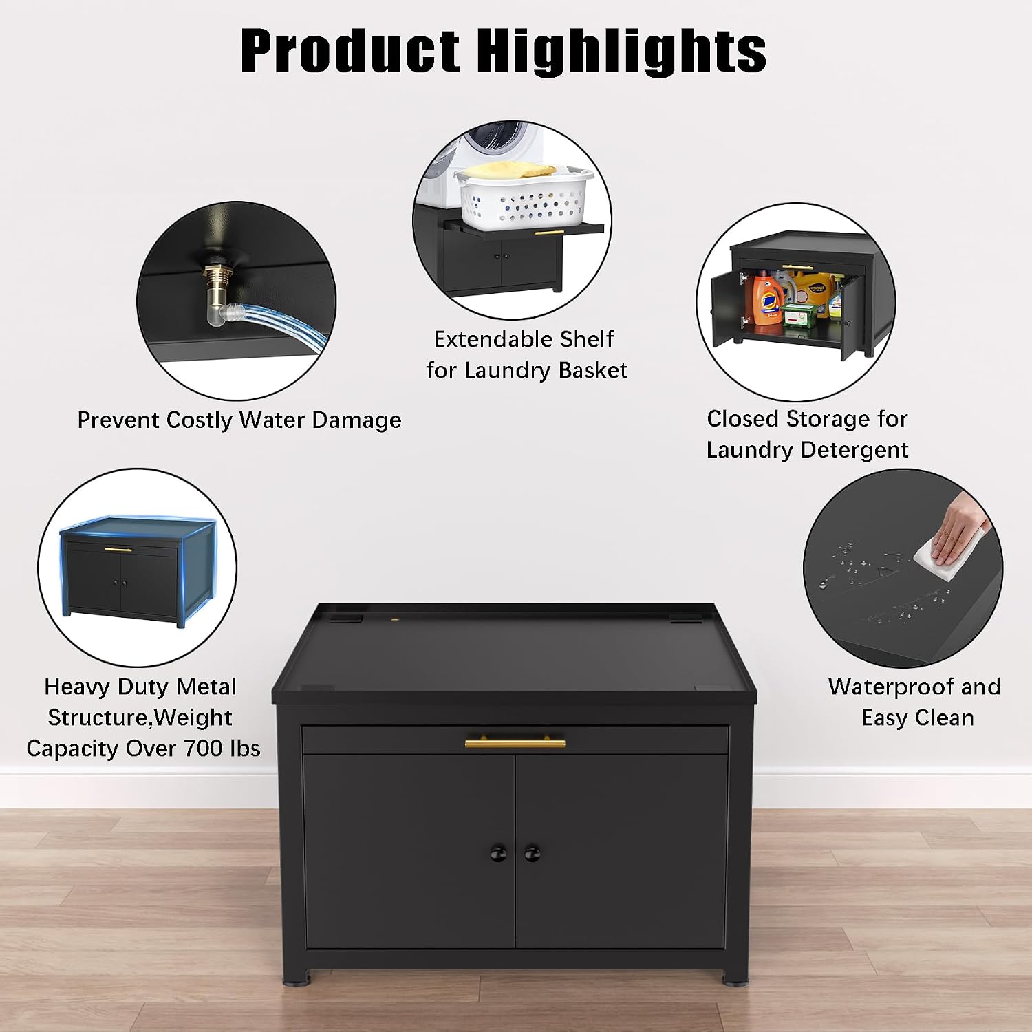 GDLF Laundry Pedestal Heavy Duty Metal Washer Dryer Pedestal 29' Universal Fit Anti-Vibration Washing Machine Stand with Laundry Basket Shelf and Built-in Drain Pan + Hose,770 LBS Capacity