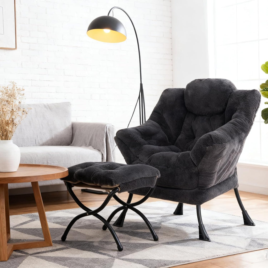 Welnow Lazy Chair with Ottoman, Modern Accent Chair with Armrests and a Side Pocket, Leisure Sofa Armchair, Reading Armchair with Footrest for Small Space, Plush Navy