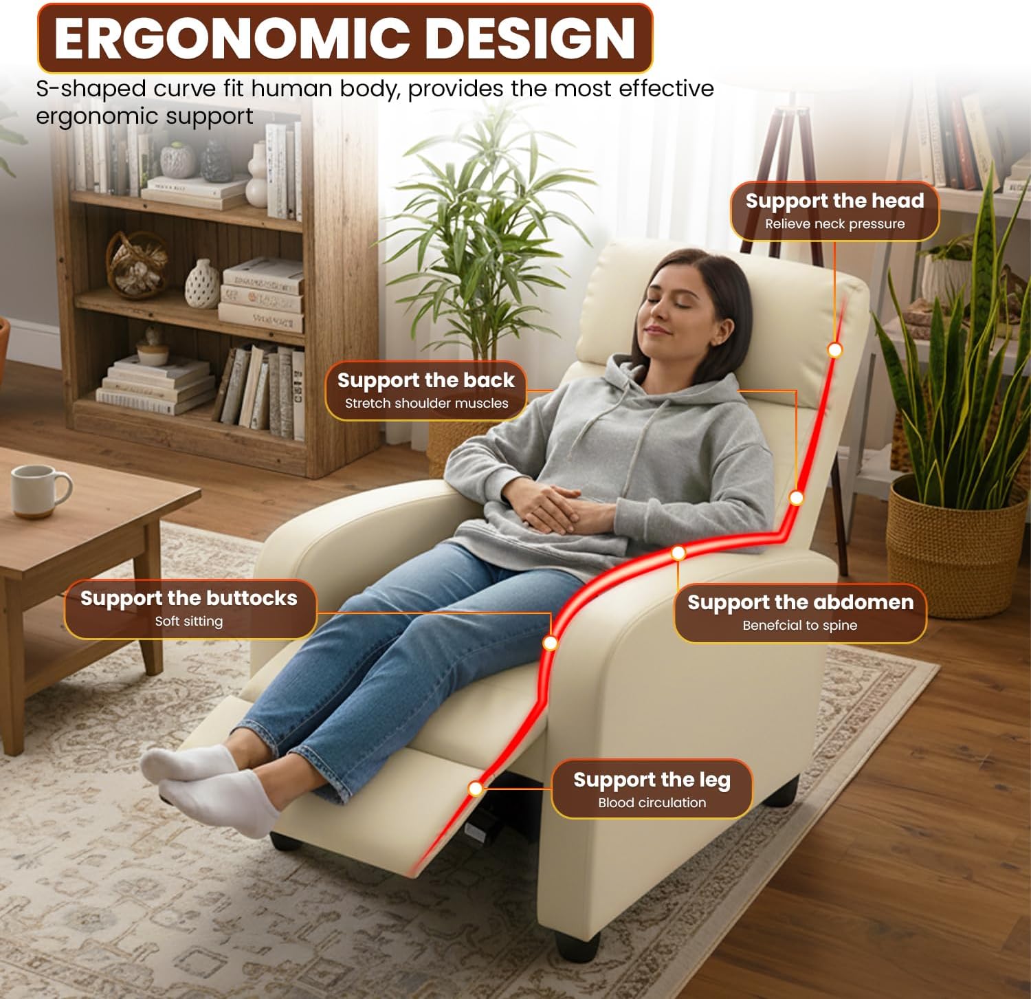 Recliner Chair for Living Room Home Theater Seating Single Reclining Sofa Lounge with Padded Seat Backrest (Beige)