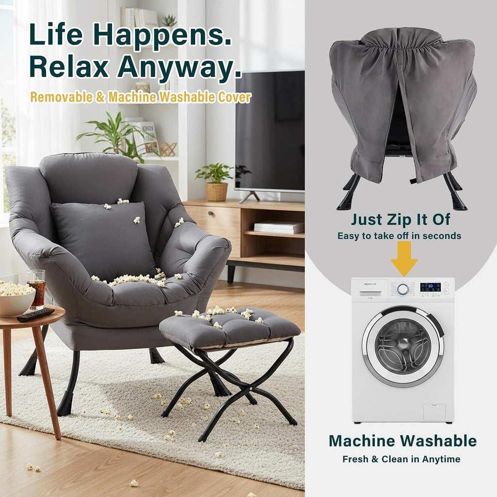 Lazy Chair with Ottoman, Large Accent Chair with Ottoman and a Throw Pillow, Dark Grey Reading Chair for Living Room Bedroom Dorm Room Office Apartment Relaxing Use
