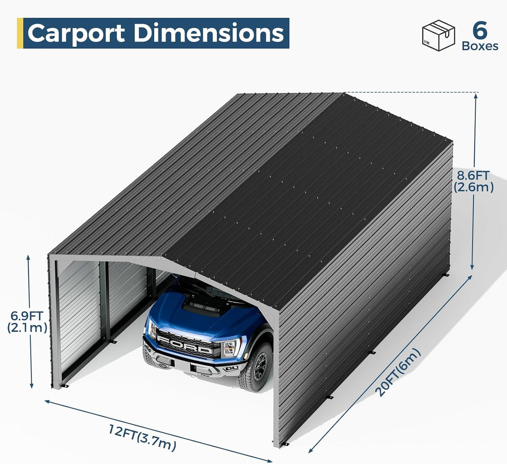 Metal Carport 12x20ft Heavy-Duty 2-Sided Enclosure | Military-Grade Reinforced Garage Kits with Steel Roof & Hurricane | 100lbs/Sq.Ft Snow/RV/Camper/Truck/Tractor Shelter