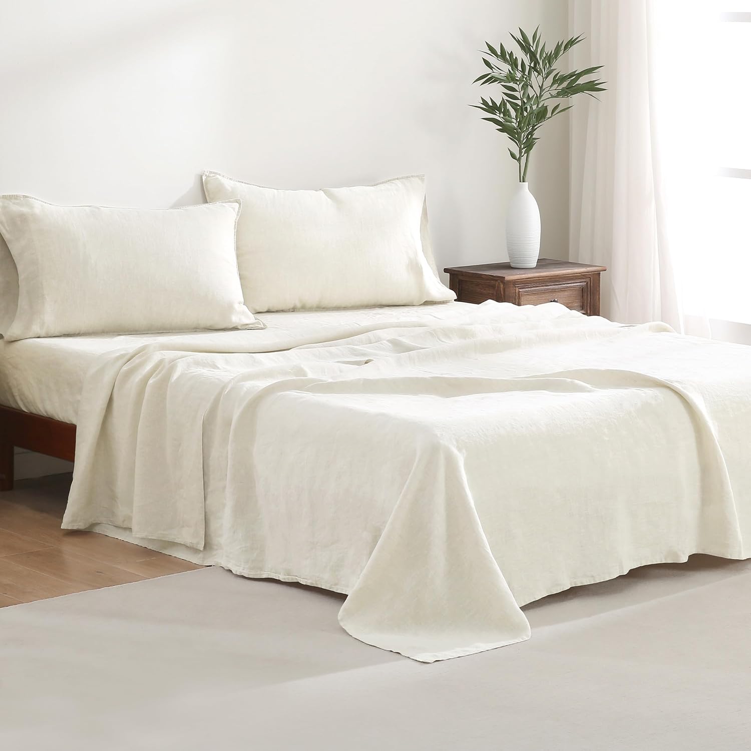 100% French Linen Sheets Set Cal King Size-4Pcs Natural Washed Flax Bed Sheets Soft Breathable and Durable- 1 Flat Sheet 1 Fitted Sheet 2 Pillowcases (Cream White, Cal King)