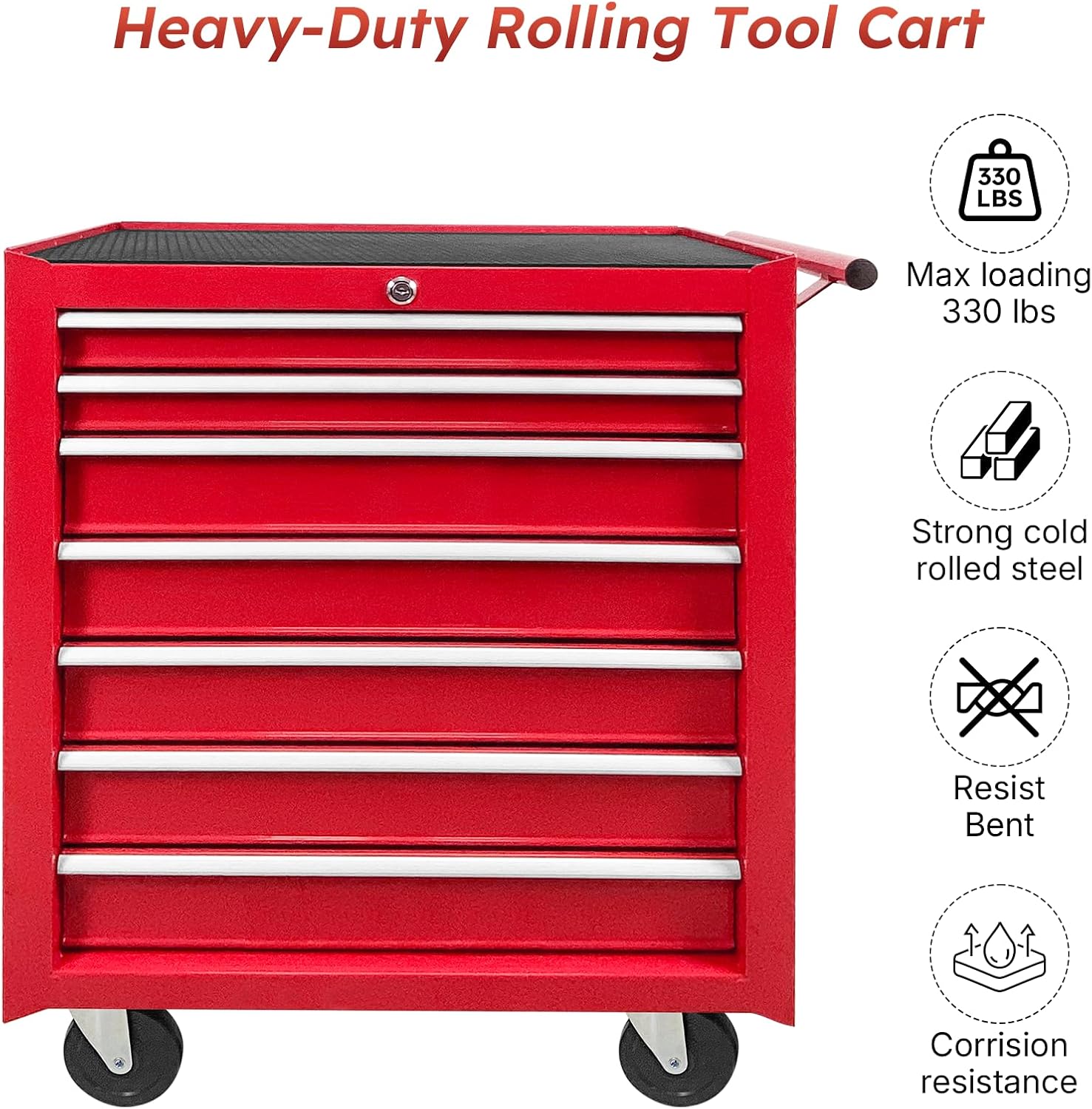 Rovibek 7-Drawer Rolling Tool Chest with Wheels, Lockable Metal Tool Box for Garage Workshop Warehouse, Large Capacity Tool Storage Cabinet, Heavy-Duty Tool Chest with Drawers, Red
