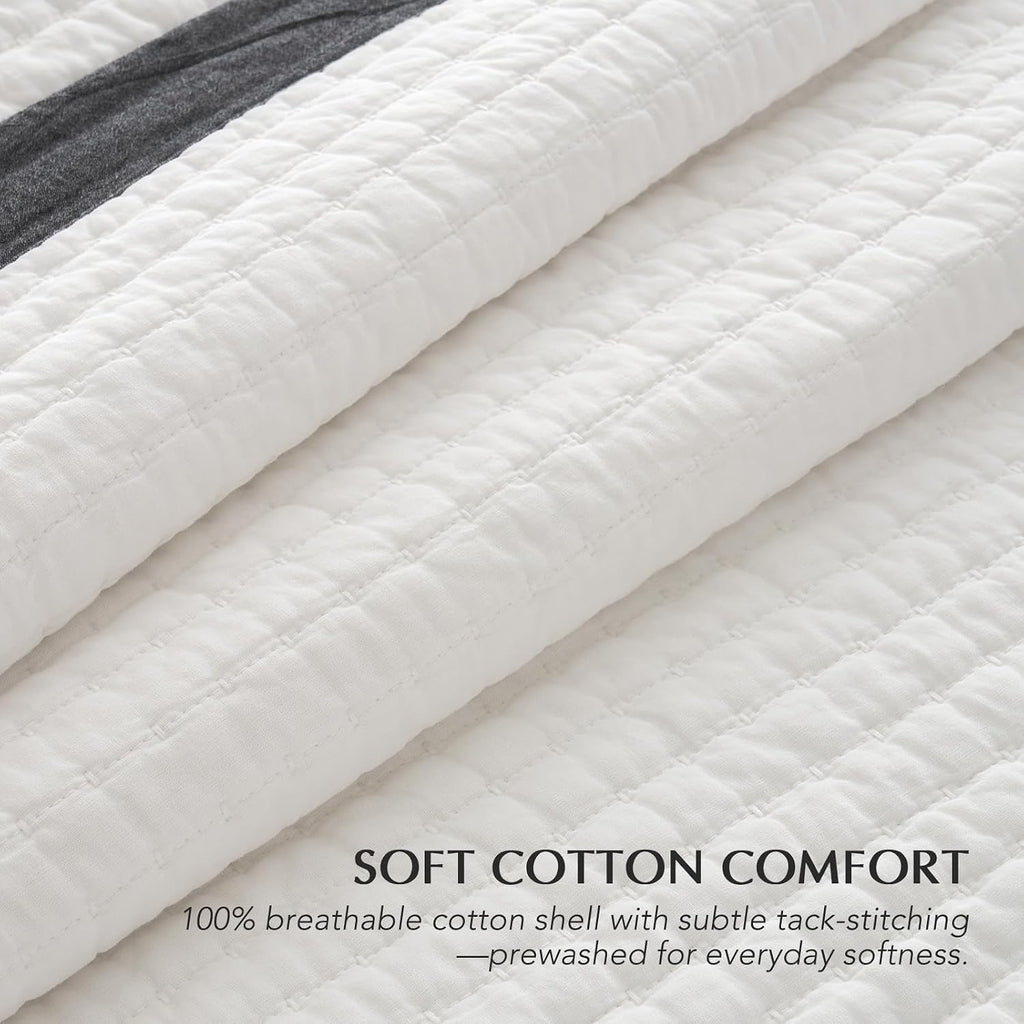 EVERGRACE Cotton Border Frame Tack-Stitch Quilt Bedding Set King Size, Coastal Oversized 3 Pieces Lightweight Bedspread Coverlet for All Season, with 2 Matching Shams, Washed Black