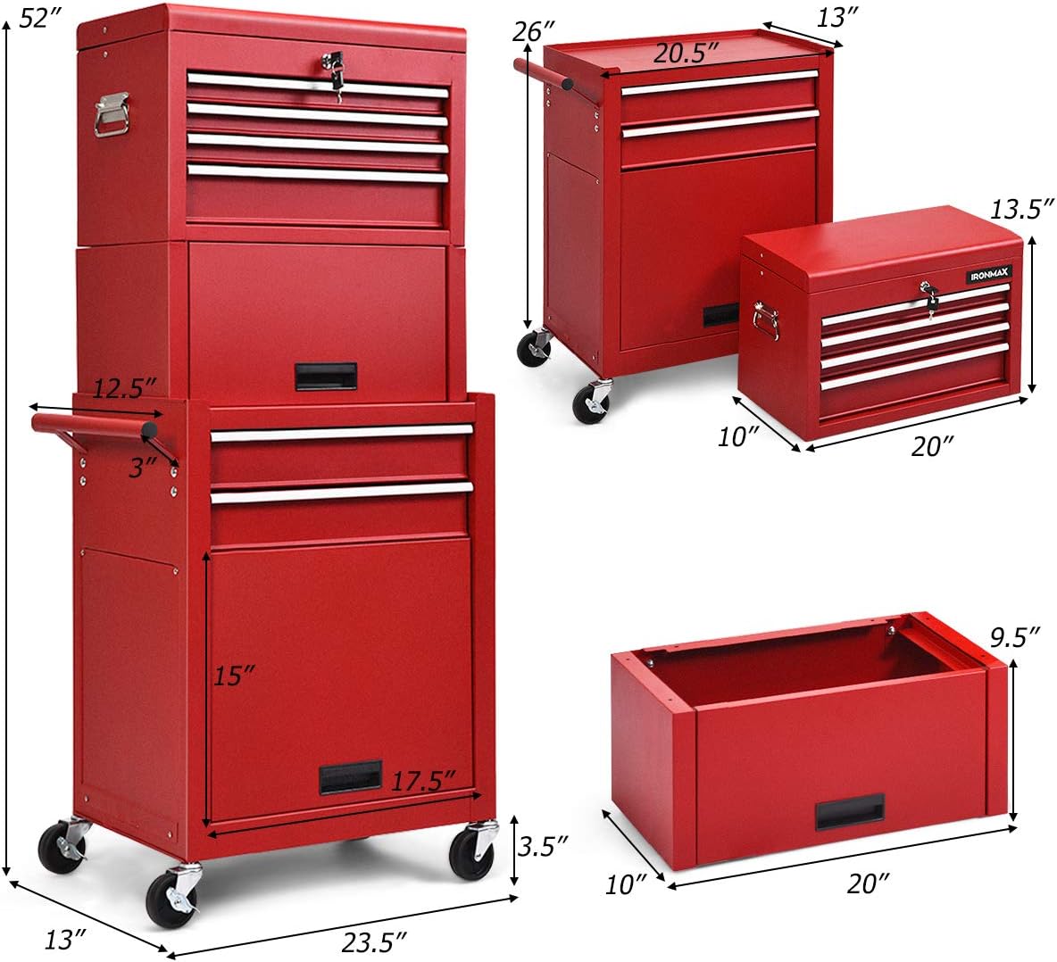 S AFSTAR 6-Drawer Rolling Tool Chest, High Capacity Tool Storage Cabinet with Wheels and Locking System, Removable Toolbox Organizer with Sliding Drawers (Red)