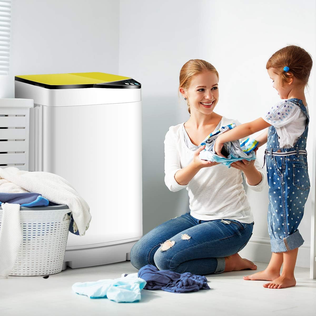 Waterjoy Portable Washing Machines, 7.7 lbs Load Capacity Portable Washer and Dryer Combo with Built-in Barrel Light & LED Display for Household and Apartment （Yellow）