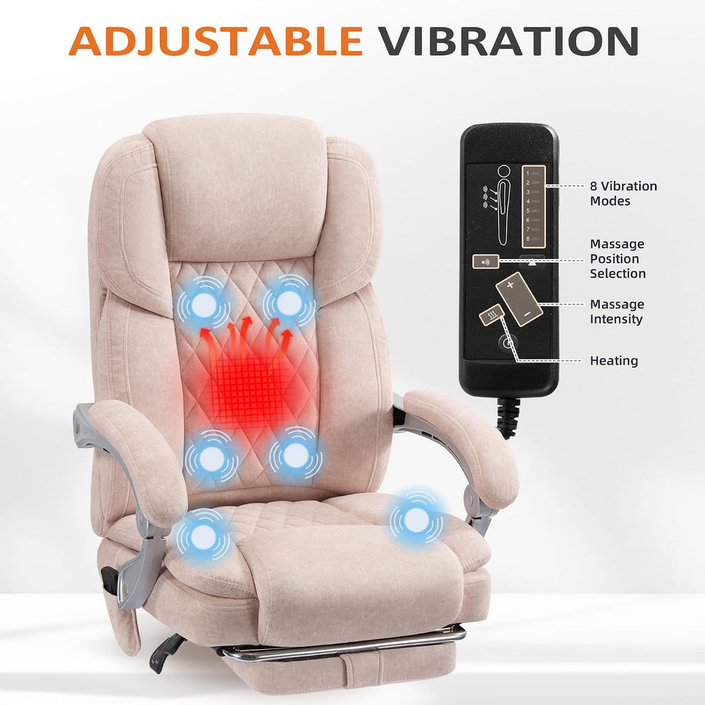 HOMREST 6-Point Massage Office Chair with Footrest, Heated Executive Office Chair with Reclining Backrest, Velvet Ergonomic Computer Desk Chair with Padded Armrest,Pink