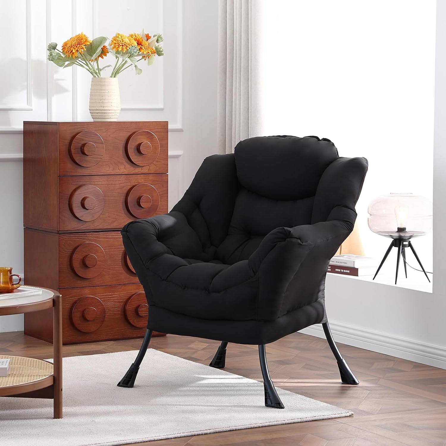 Welnow Black Single Lazy Chair for Living Room, Modern Reading Accent Chair with Armrests and a Side Pocket, Leisure Lazy Sofa Chair for Small Space, Bedroom, Dorm