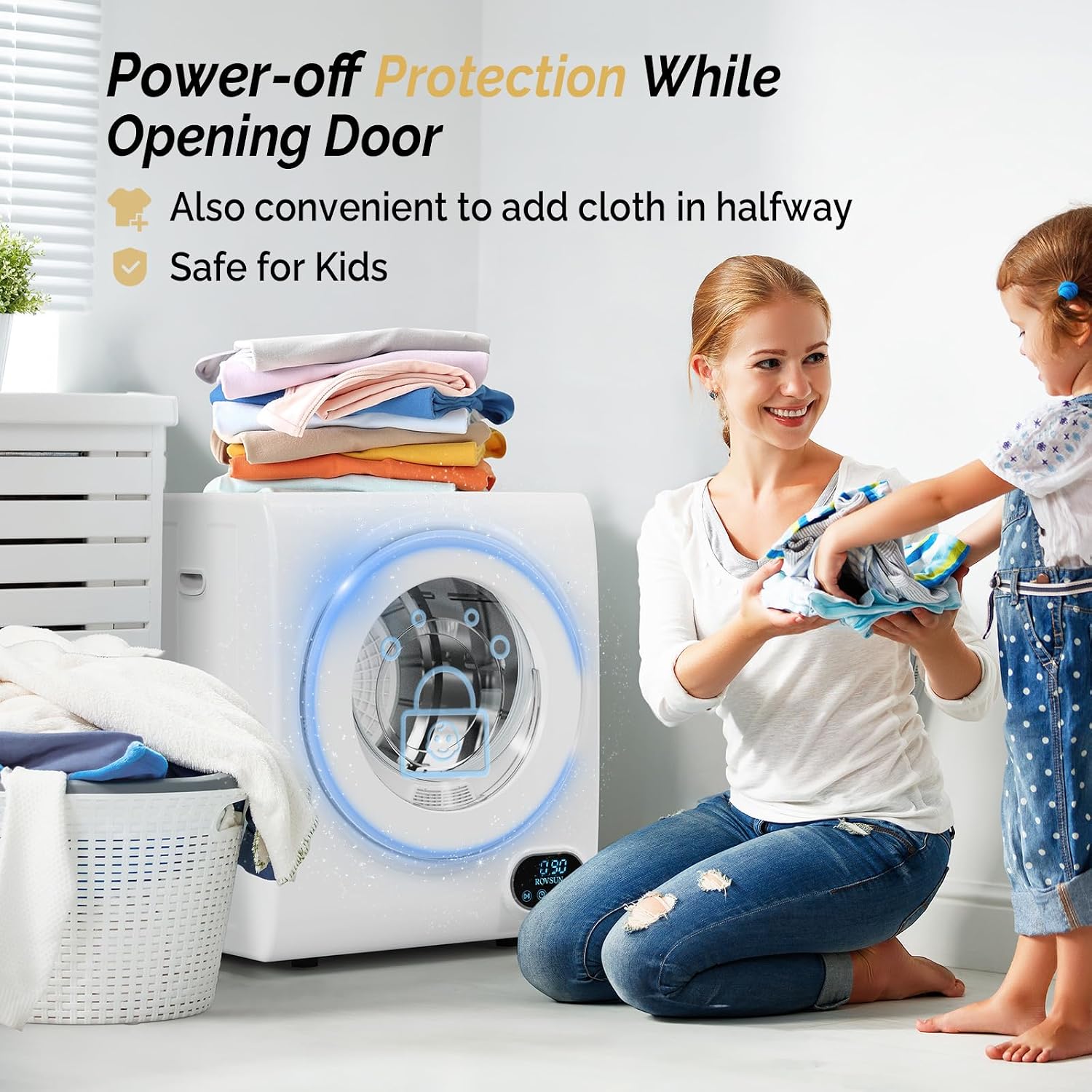 ROVSUN Portable Clothes Dryer, 110V 850W High End Front Load Laundry Tumble Dryer, 1.5 cu.ft Electric Dryer with Stainless Steel Tub & LCD Touch Panel for Apartment, Dorm