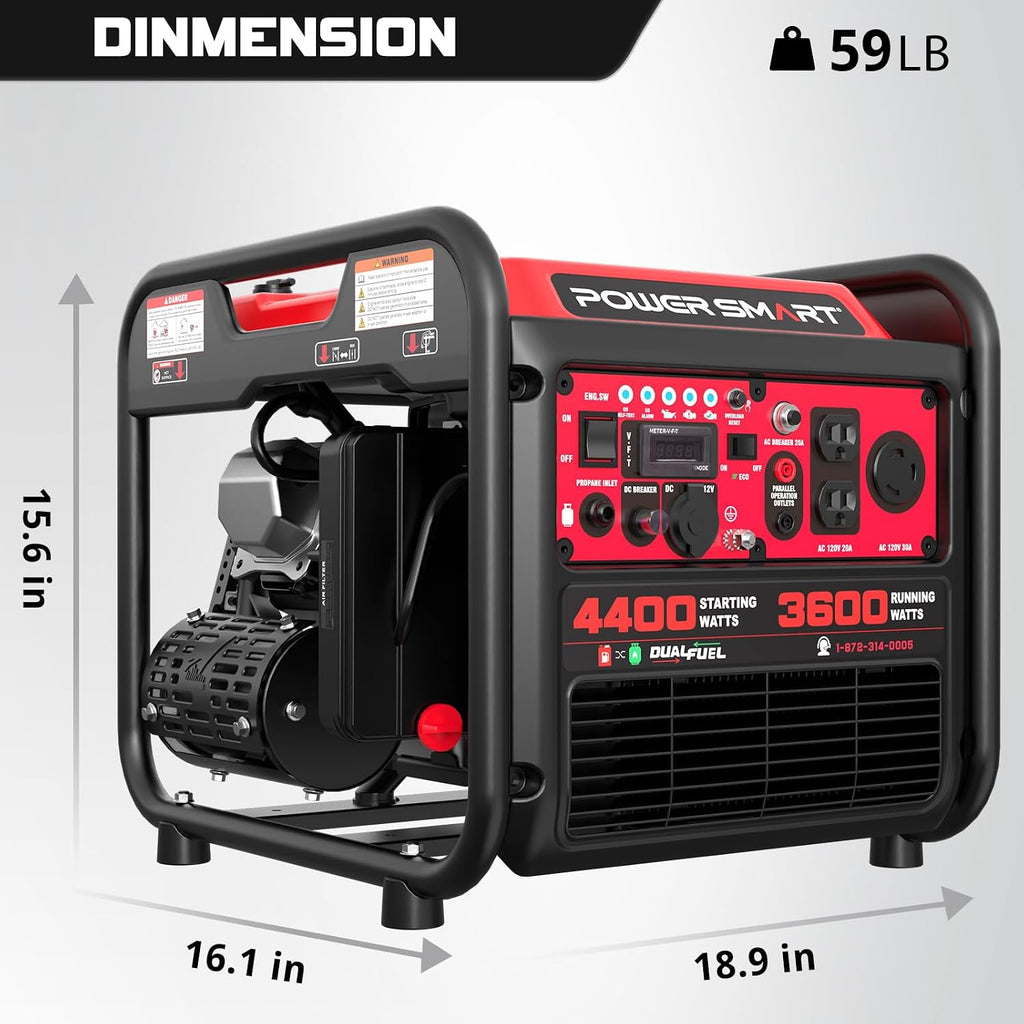 PowerSmart 4400W Dual Fuel Portable Generator, 223cc 4-Stroke OHV Gas/LPG Powered, 3600W Rated, 30A RV Ready & 120V Outlet, Recoil Start Backup Power for Home, RV and Jobsites, Model# MB5040DC