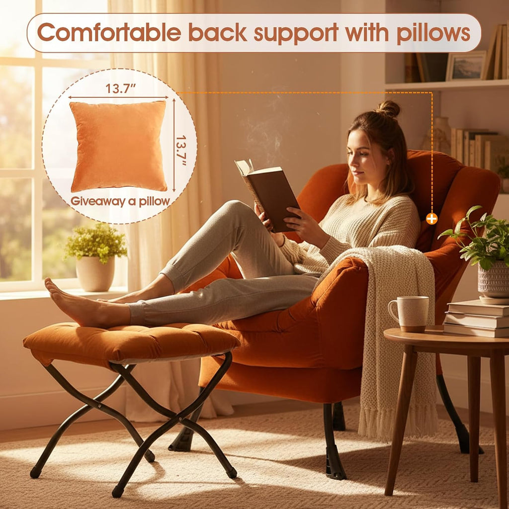 Tangerine Lazy Chair with Ottoman, Large Velvet Accent Chair with a Throw Pillow, Comfy Leisure Sofa Chair for Living Room Bedroom Dorm Room Office Apartment Reading Relaxing Use