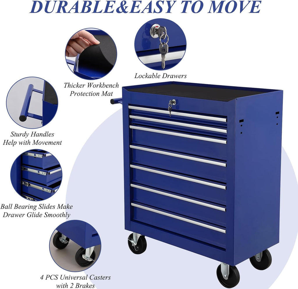 7 Drawer Rolling Tool Chest,Tool Cabinet on Wheels with Locking System,Rolling Tool Box Organizer Tool Case,Multifunctional Tool Cart Mechanic Tool Storage Cabinet for Garage,Wareh Blue One Size