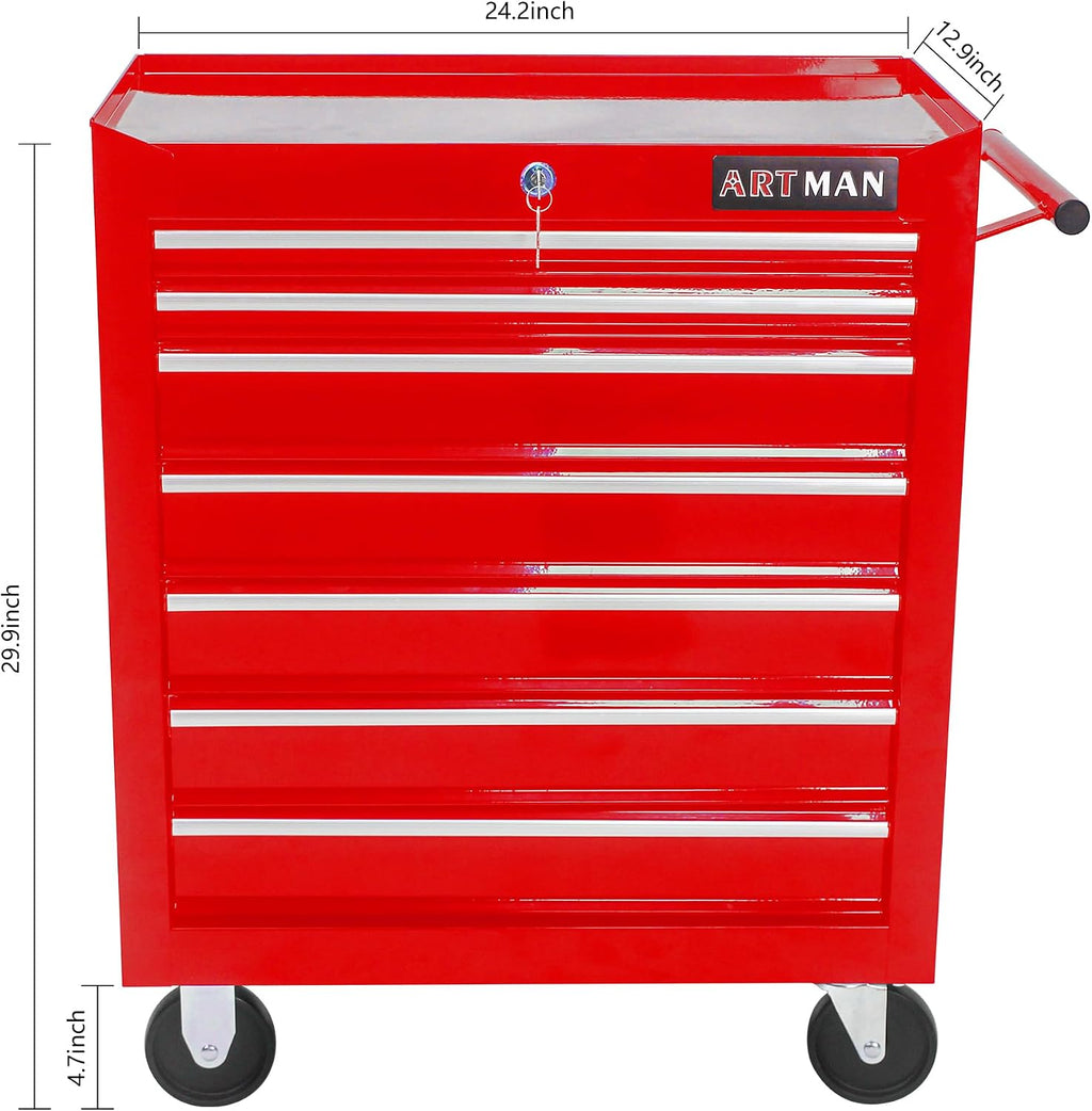 7-Drawers Multifunctional Tool Boxes on Wheels, Lockable 4' Casters Tool Cart Cabinet, Powder-coated Steel Rolling Tool Chest with Key for Garage, Warehouse, Repair Shop, 231LBS Capacity - Red