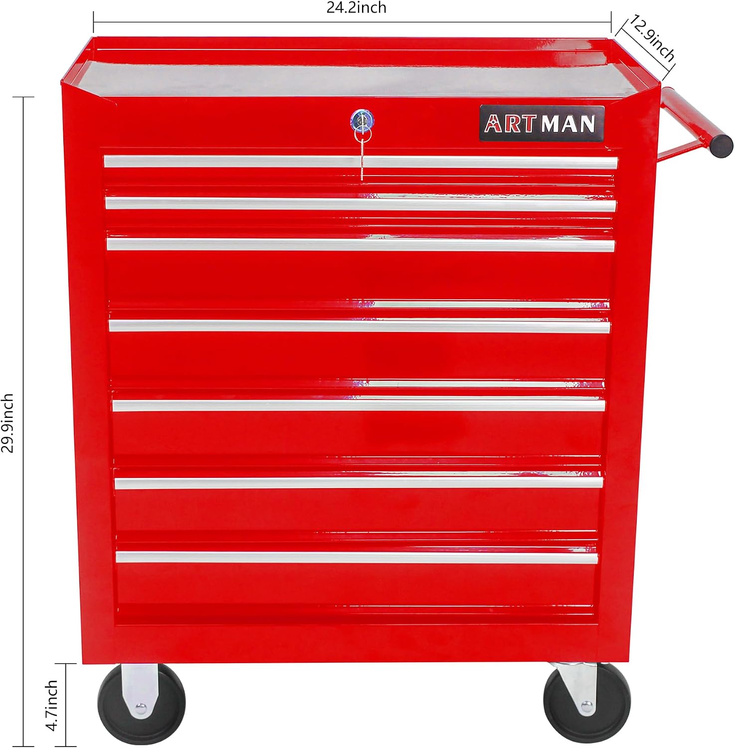 7-Drawers Multifunctional Tool Boxes on Wheels, Lockable 4' Casters Tool Cart Cabinet, Powder-coated Steel Rolling Tool Chest with Key for Garage, Warehouse, Repair Shop, 231LBS Capacity - Red