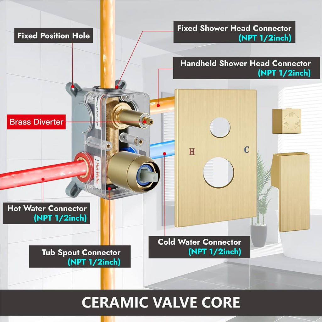 Midanya Shower System with Tub Spout,Bathtub Shower Faucet Set with Square Rainfall Head and Handheld Sprayer Wall Mount Tub Faucet Set with Valve and Trim Kit,12 Inch Brushed Gold