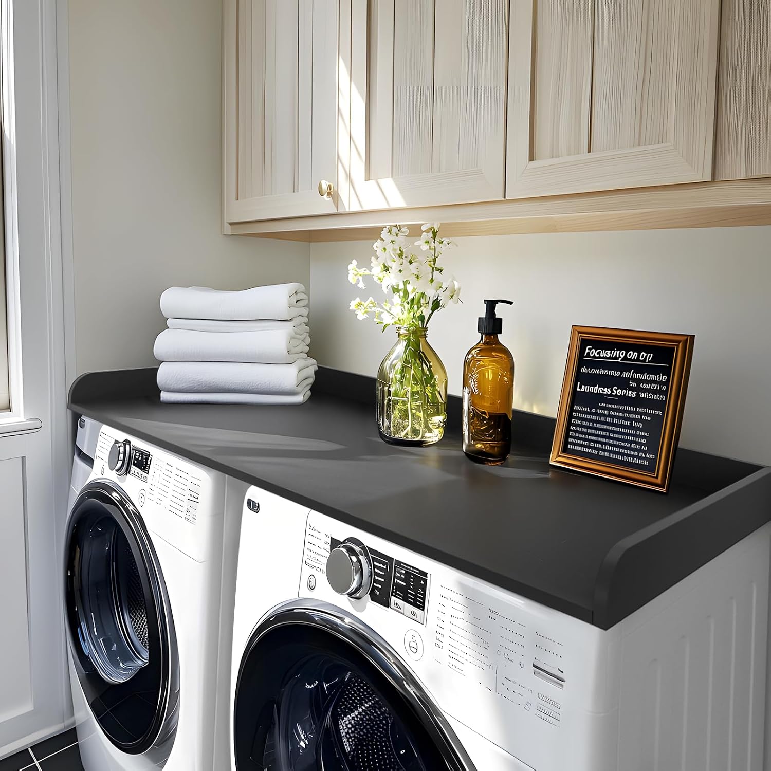 Kaboon Washer Dryer Countertop Only, Melamine Countertop with Edge Rails - 27.5' Depth x 54' Width Laundry Room Organization, Black