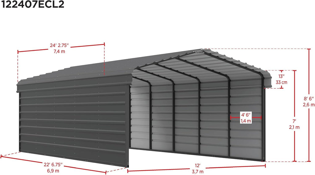 Arrow Carports Galvanized Steel Carport, with 2-Sided Enclosure, Compact Car Metal Carport Kit, 12' x 24' x 7', Eggshell