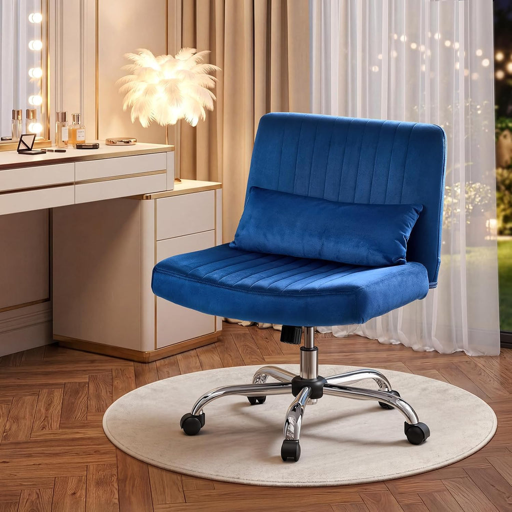 Warmiehomy Velvet Criss Cross Chair with Wheels, Cross Legged Office Chair, Comfy Desk Chair for Home Office, Ergonomic Computer Chair, Wide Seat Vanity Chair, for Adults, Royal Blue