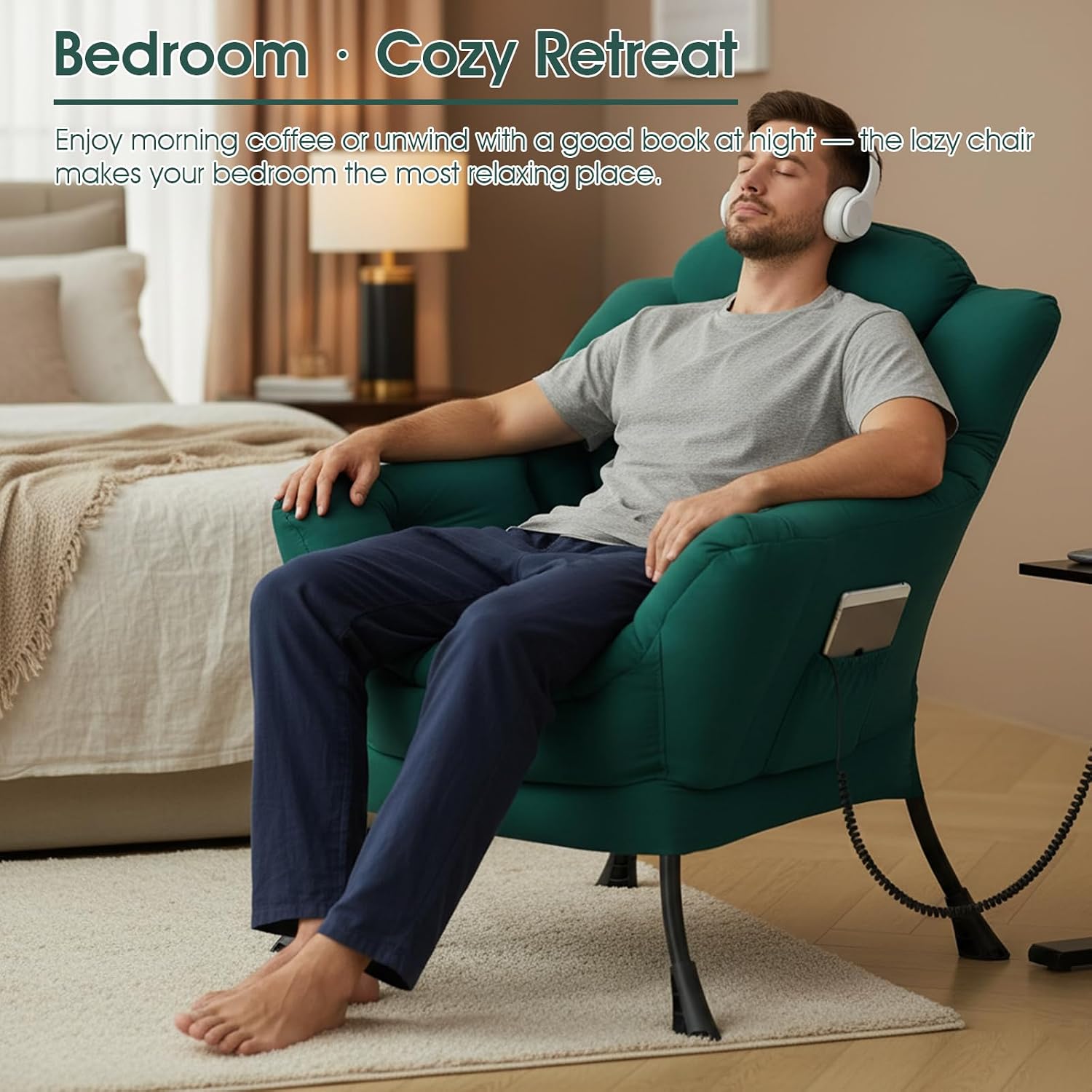 Lazy Chair for Living Room, Large Dark Green Accent Chair with a Throw Pillow, Leisure Sofa Chair Set, Comfy Reading Chair for Bedroom, Dorm Room, Office