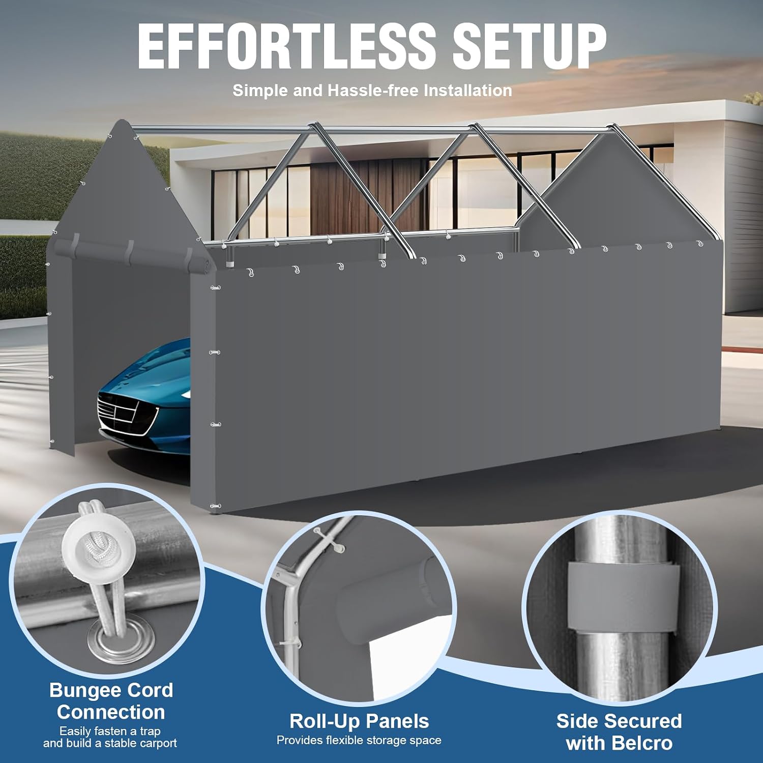 Canopy Sidewalls for 10x20x9.35FT Carport with Ball Bungee Cords, Shelter Logic Replacement Covers Canopy Walls for Car Tent Garage(Sidewalls Only) (Grey)
