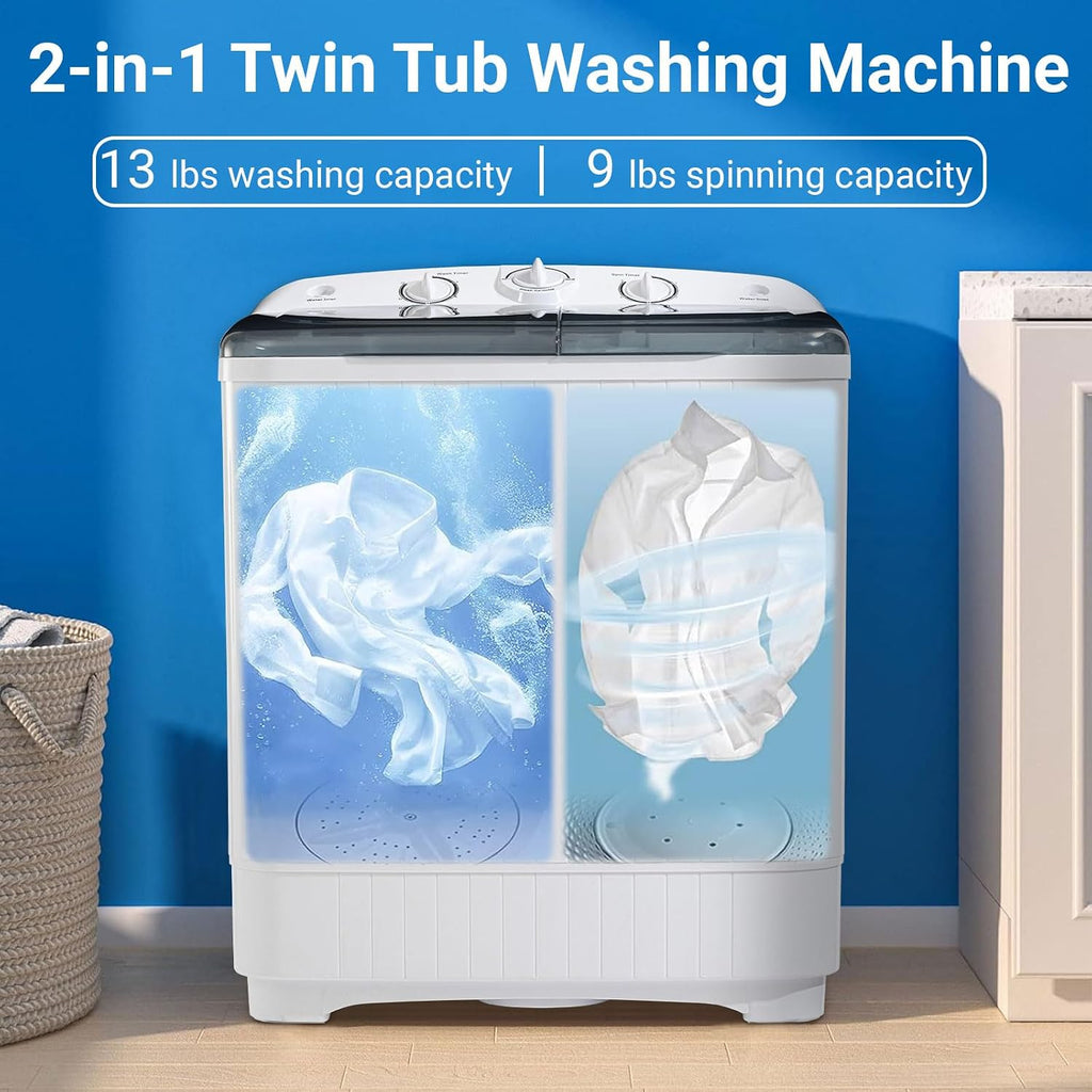 Erivess 2-in-1 Portable Twin Tub Washing Machine, 13lbs Wash 9lbs Spin Capacity, Compact Laundry Washer and Spin Dryer Combo for Apartment, Dorm, RV, Camping