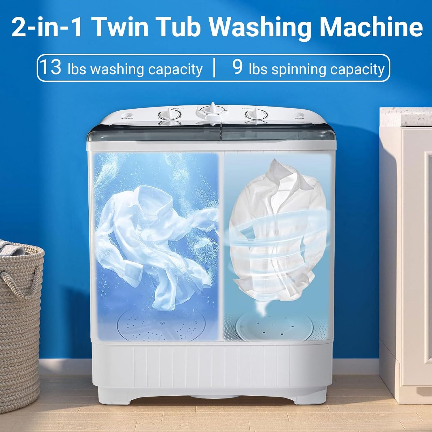 Erivess 2-in-1 Portable Twin Tub Washing Machine, 13lbs Wash 9lbs Spin Capacity, Compact Laundry Washer and Spin Dryer Combo for Apartment, Dorm, RV, Camping