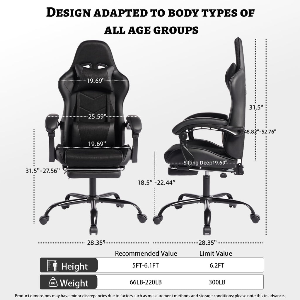 450lbs Big and Tall Gaming Chair with Footrest – Heavy Duty Wide Seat Video Game Chair for Adults, Reclining PU Leather High Back Computer Office Desk Chair with Lumbar Support (Model F, Black)