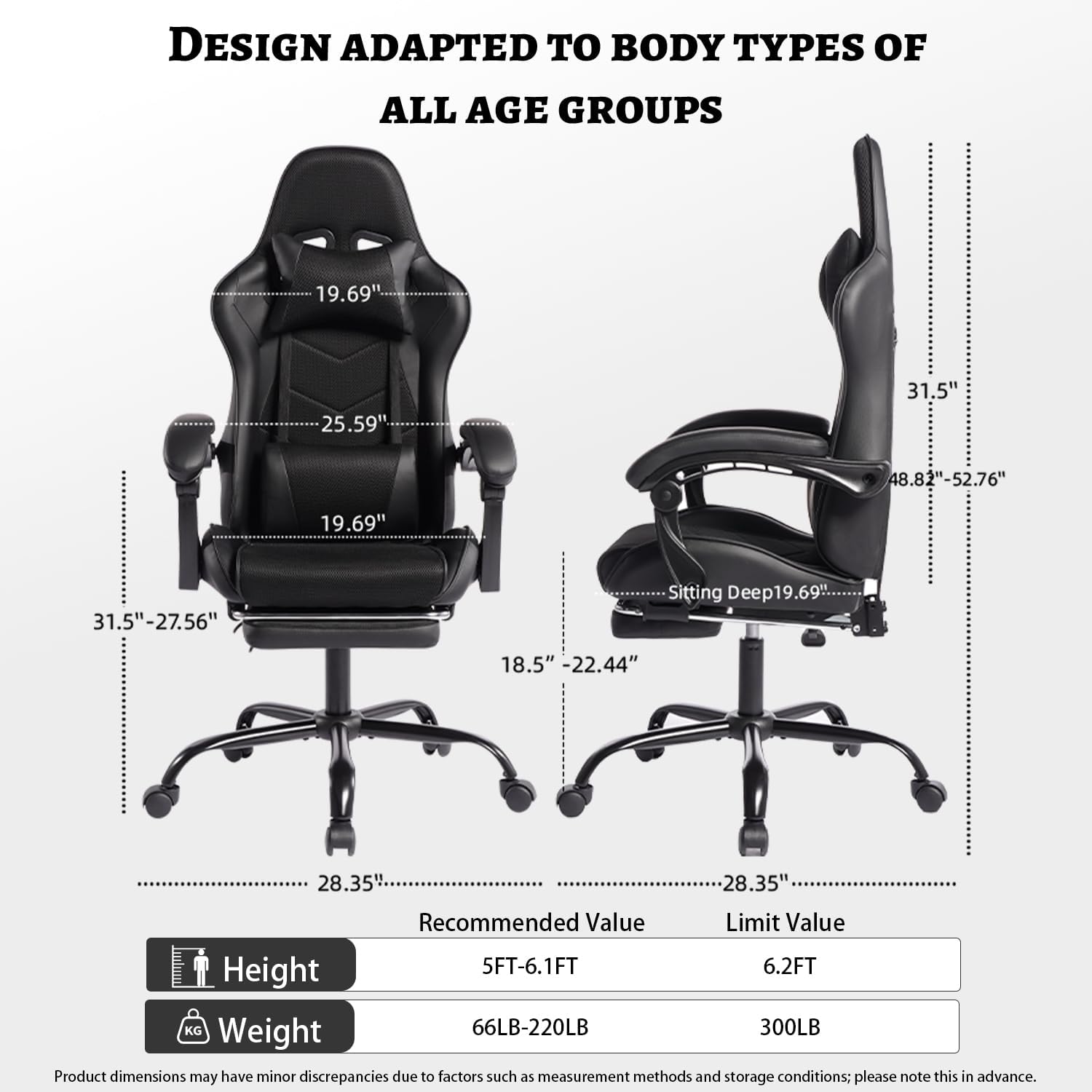 450lbs Big and Tall Gaming Chair with Footrest – Heavy Duty Wide Seat Video Game Chair for Adults, Reclining PU Leather High Back Computer Office Desk Chair with Lumbar Support (Model F, Black)