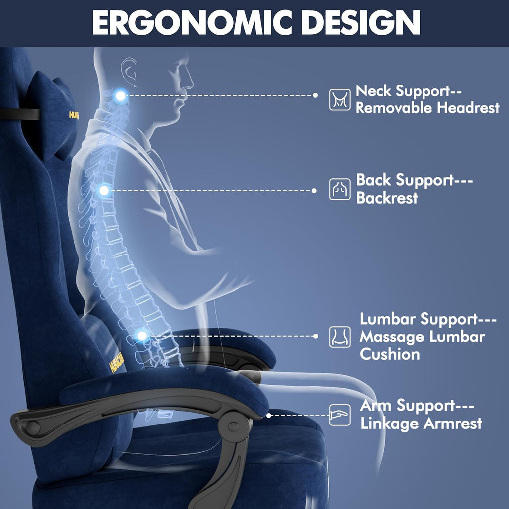 Ferghana Velvet Fabric Gaming Chair with 20.5″ Wider Seat Cushion, Fire Embroidery Ergonomic High Back Game Chair with Footrest, Computer Chair with Massage Lumbar Support for Adult, Navy