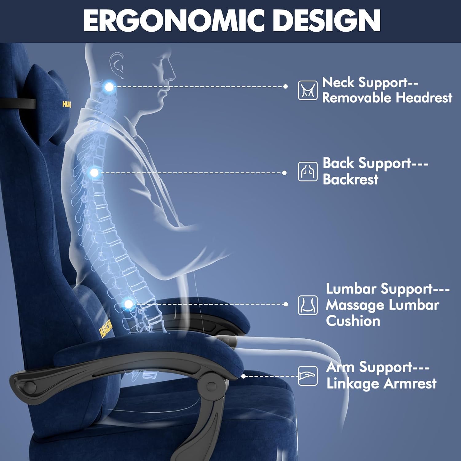 Ferghana Velvet Fabric Gaming Chair with 20.5″ Wider Seat Cushion, Fire Embroidery Ergonomic High Back Game Chair with Footrest, Computer Chair with Massage Lumbar Support for Adult, Navy
