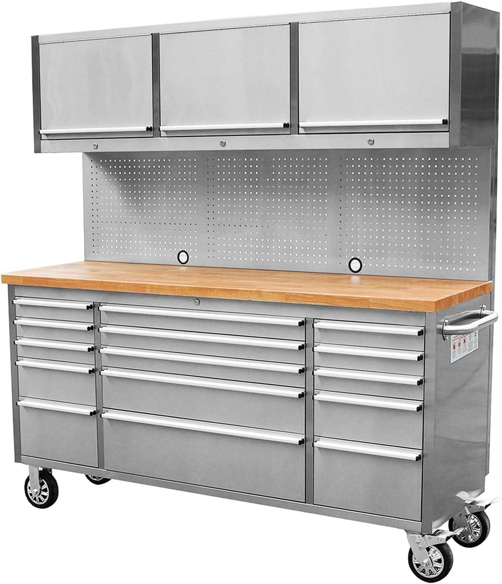 CHETTO C 72 inch Tool Chest Tool Box Mobile 15 Drawers Storage 3 Upper Cabinets SS-Pegboard Rolling Cabinet with Wheels Lock Key Locking System Drawer Liners for Garage Warehouse Repair Shop