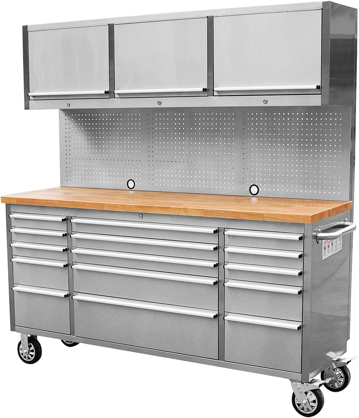 CHETTO C 72 inch Tool Chest Tool Box Mobile 15 Drawers Storage 3 Upper Cabinets SS-Pegboard Rolling Cabinet with Wheels Lock Key Locking System Drawer Liners for Garage Warehouse Repair Shop