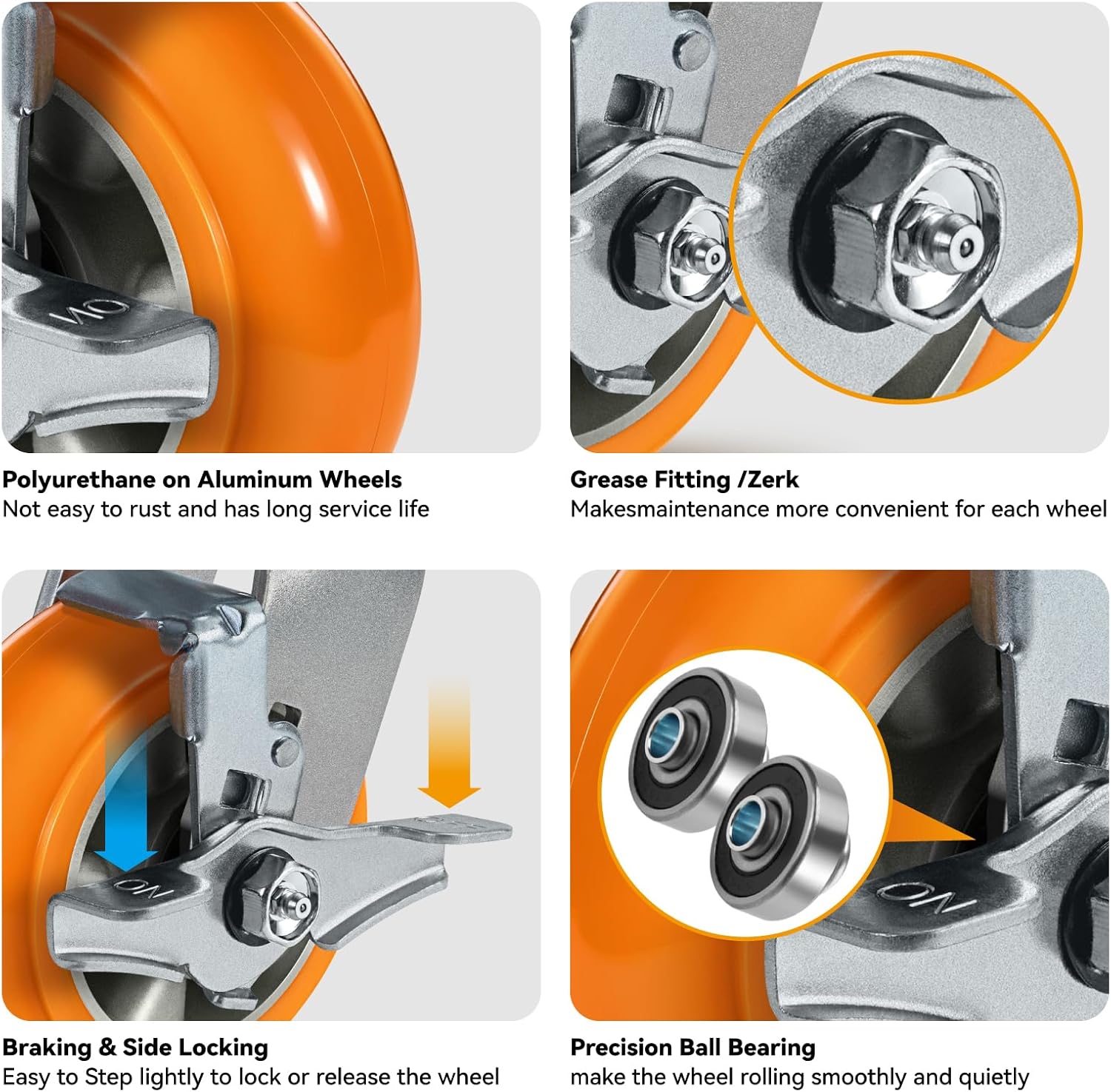 Caster Wheels, 5' Heavy Duty Industrial Swivel Caster, Crowned Tread Aluminum Core Thickened Polyurethane Casters Set of 4, Wheels for Cart Toolbox (2 Brake & 2 Rigid)