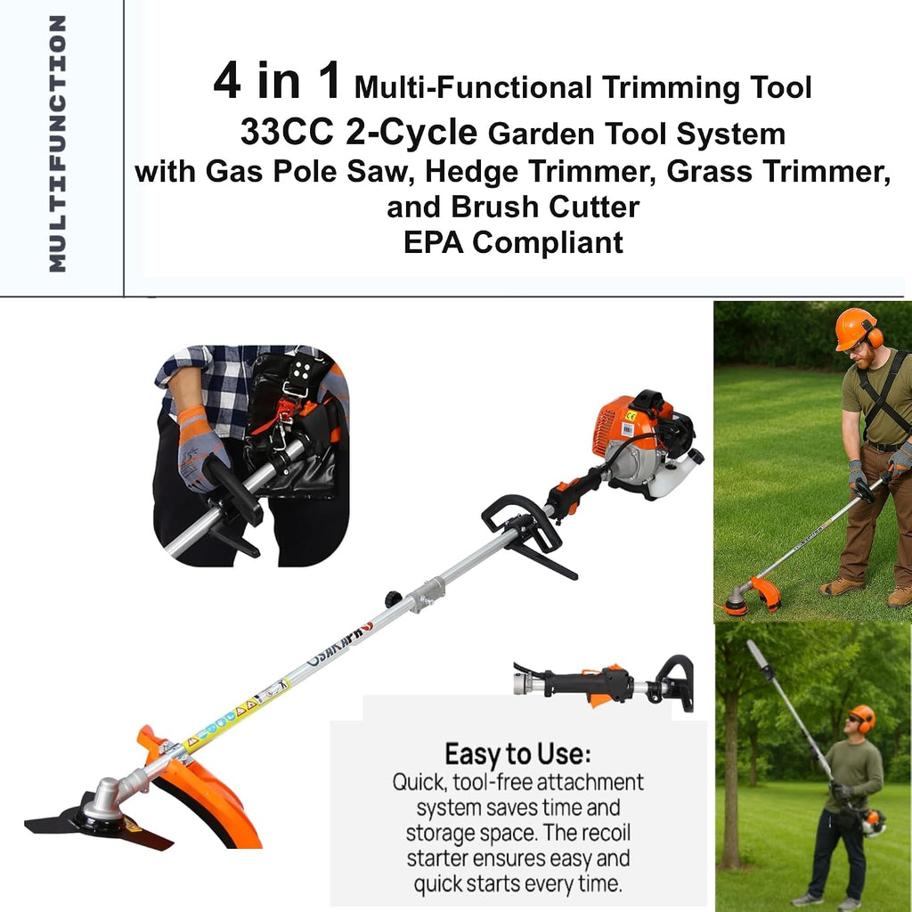 33cc 2-Cycle Gas Multi-Trimmer | 4-in-1 String Trimmer w/Rotatable Pole Saw, Weed Eater Weed Wacker, Brush Cutter & Hedge Trimmer Gas for Lawn, Yard, Garden Care, All-in-one Garden Tool