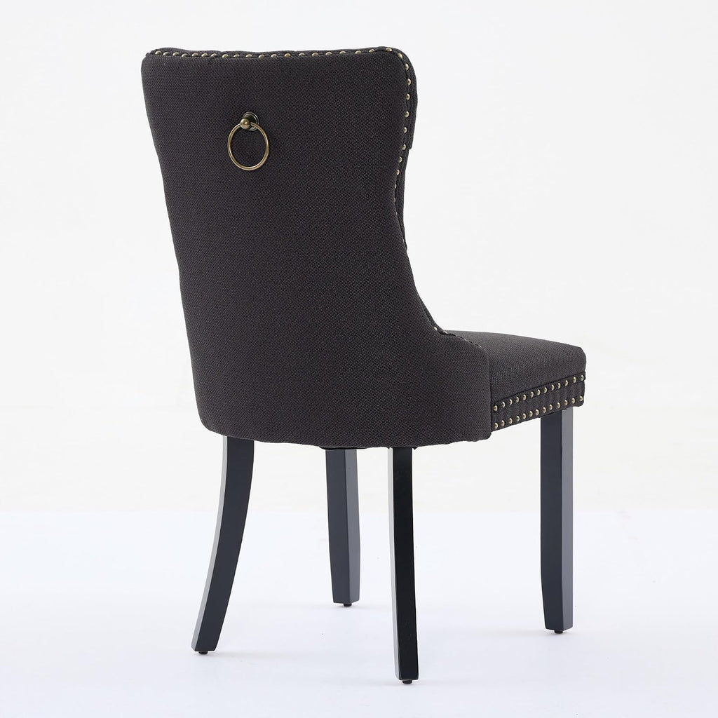 Ball & Cast Contemporary Upholstered Dining Chairs Set of 2, Flax Button Tufted Kitchen Side-Chairs with Hang Ring & Nailhead Trims & Wood Legs, 2-Piece Backrest Traditional Chair, Black+Black