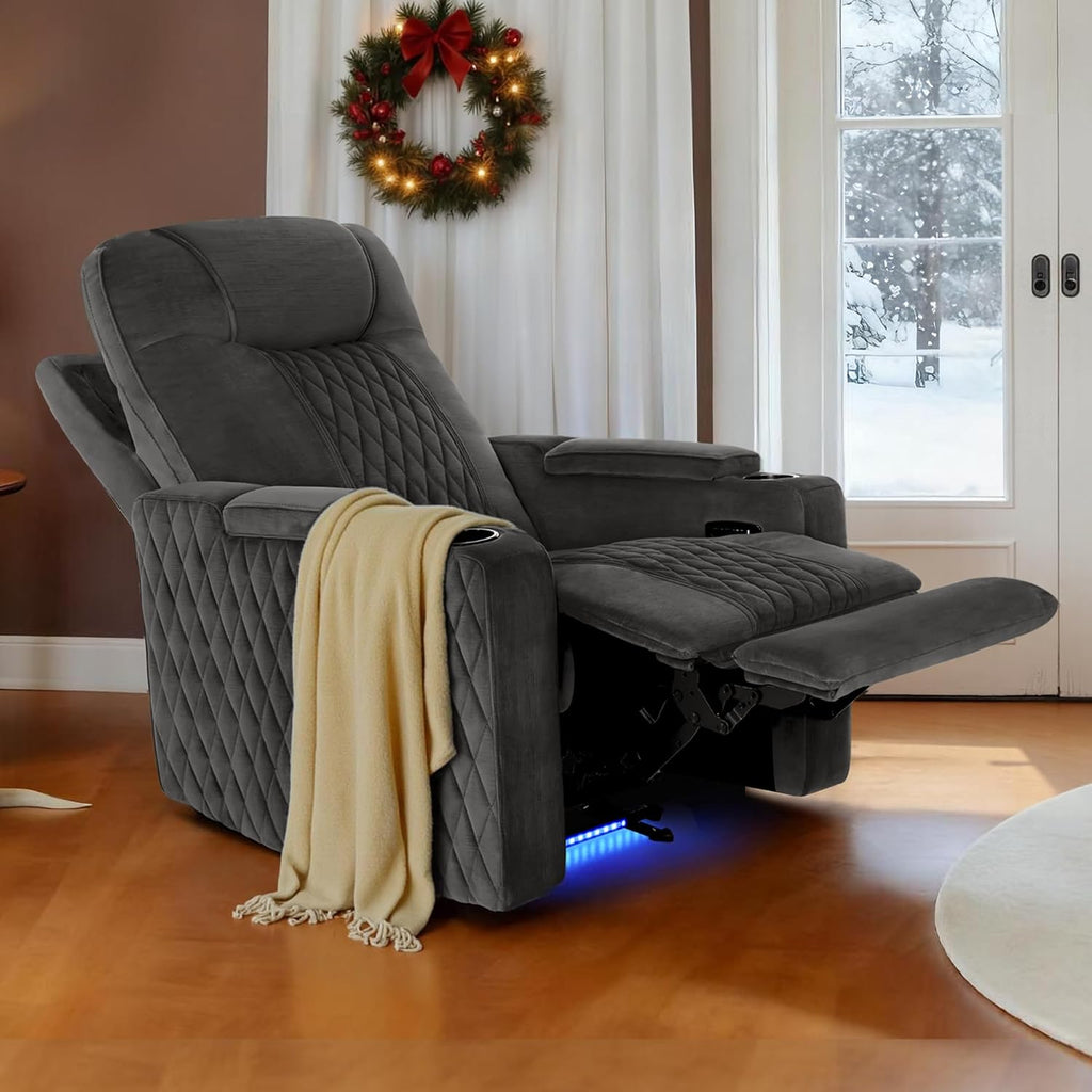 MCombo Zero Gravity Oversized Power Recliner Chair for Adults with Power Headrest & LED Light, Fabric Recliner Chair for Living Room & Home Theater, USB & Type C Port, Armrest Storage HTS401