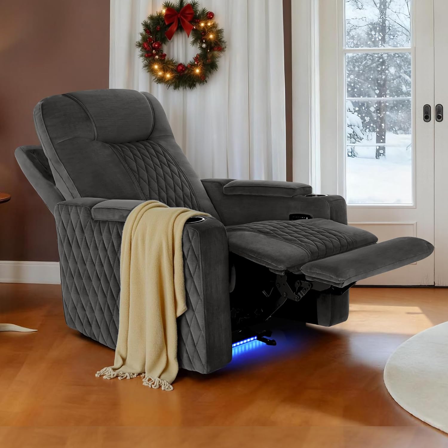 MCombo Zero Gravity Oversized Power Recliner Chair for Adults with Power Headrest & LED Light, Fabric Recliner Chair for Living Room & Home Theater, USB & Type C Port, Armrest Storage HTS401