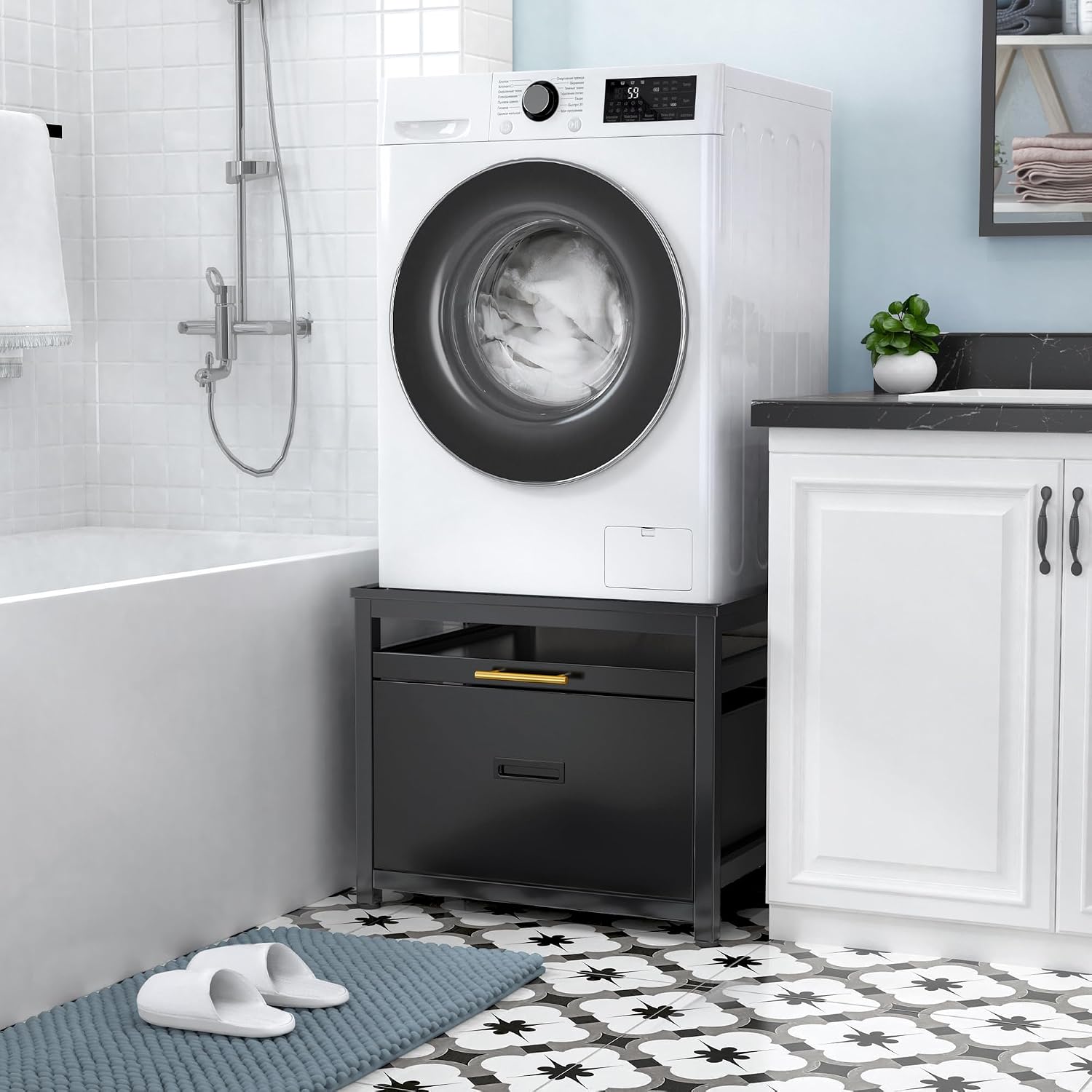 GDLF Washer Dryer Pedestal, 24.1' Laundry Pedestal for Compact Washing Machine, Washer and Dryer Stand with Shelf and Base Storage