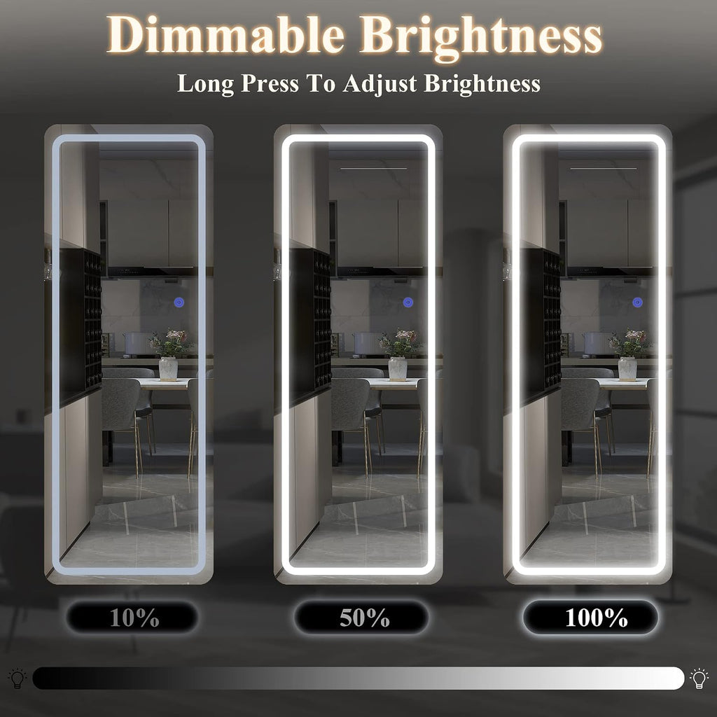 NeuType Full Length Mirror with Lights, 63'x16' Lighted Floor Mirror with Stand Full Body Mirror with Touch Button and Plug, Dimmable 3 Lighting for Bedroom Living Room, Round Corner, White