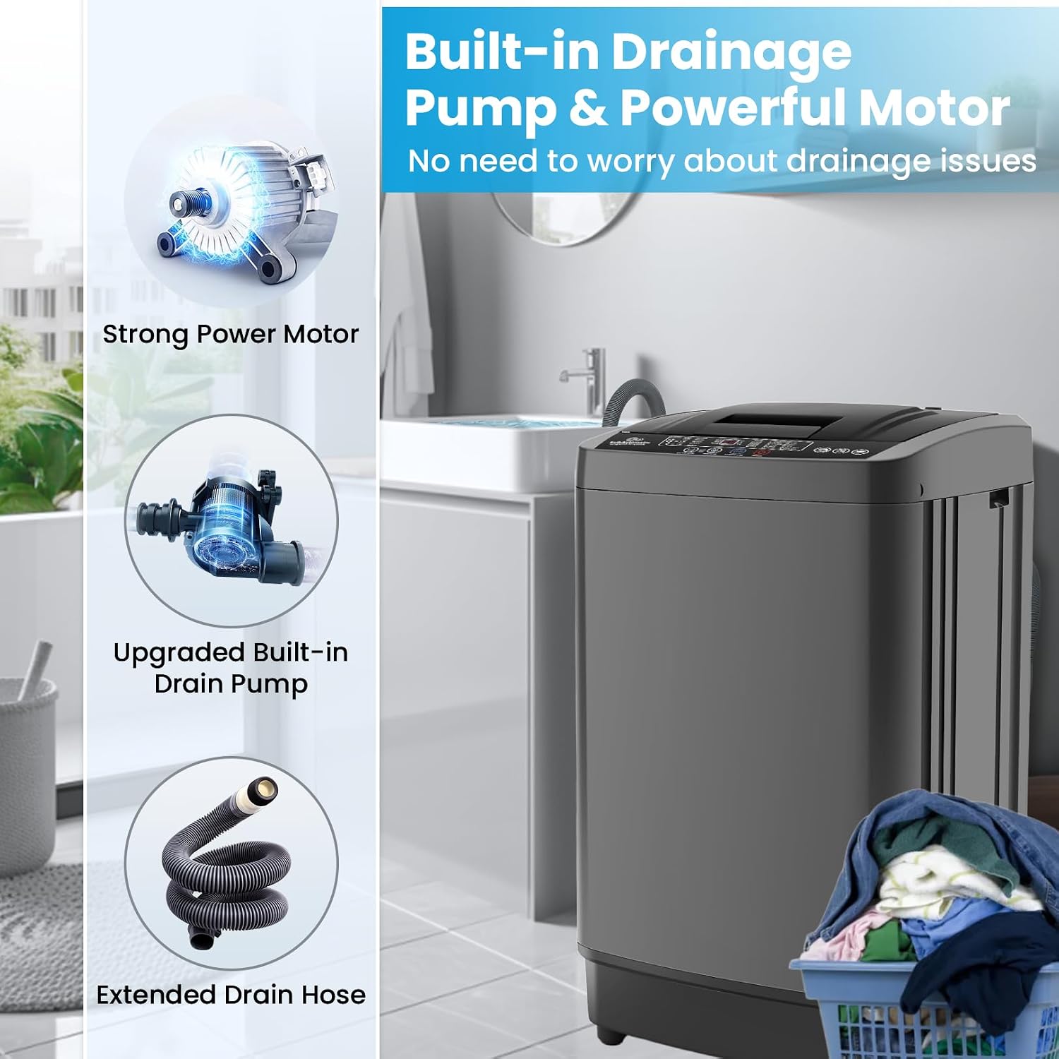 Nictemaw Portable Washing Machine 17.8Lbs Portable Washer with Drain Pump, 2.4 Cu.ft Full Automatic Washer and Dryer Combo, 10 Programs 8 Water Levels, LED Display, for Home, Apartment, RV
