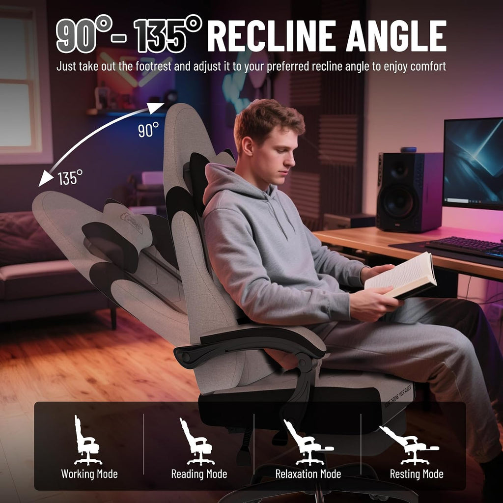 Soontrans Linen Fabric Ergonomic Gaming Chair with Pocket Spring Cushion, Computer Chair with Wide Seat 20',Gamer Chair with Adjustable Headrest, Comfortable Office Chair for Home & Gaming