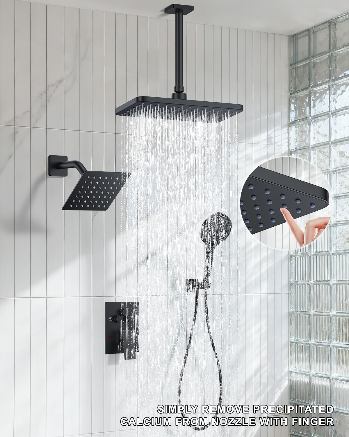 KOJOX Matte Black Dual Shower Head System – 11' Ceiling Rainfall + 6' Wall Mount Heads, 6-Mode Handheld Spray, Push-Button Diverter Faucet Set