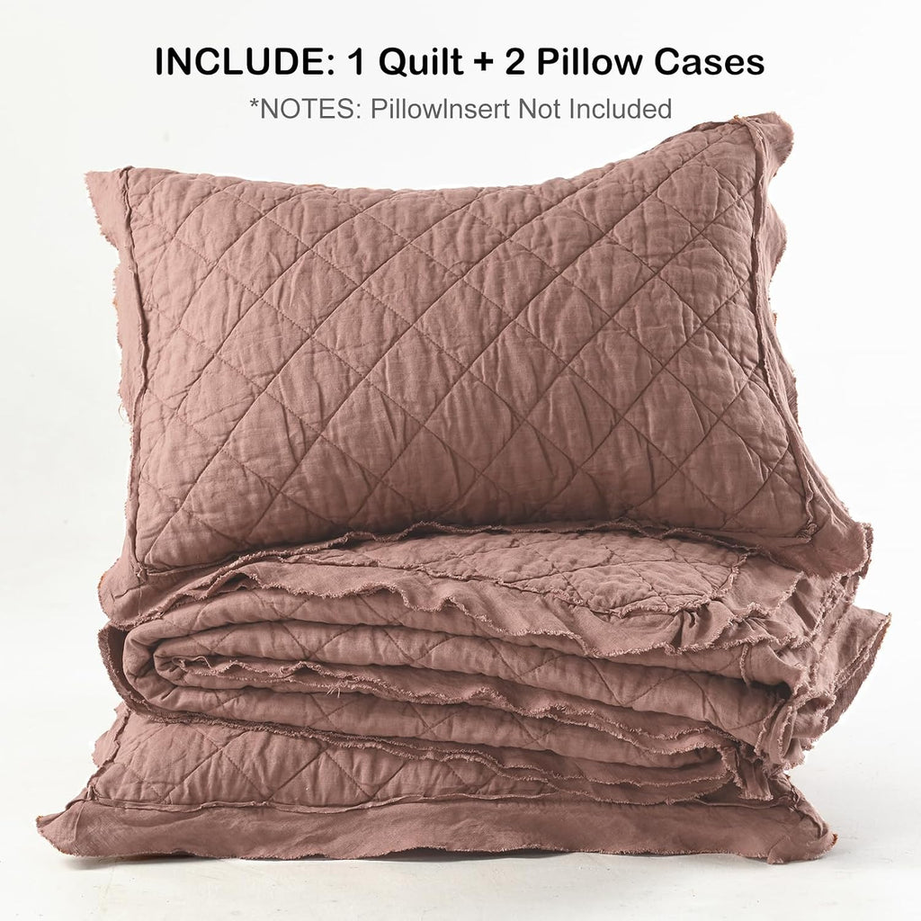 HORIMOTE HOME 100% Linen Front/100% Cotton Back Quilt Set King Size, Cameo Rose Pre-Washed European Flax Linen Quilt, Diamond Stitch Bedspread Coverlet Bedding Set 3-Piece for All Seasons