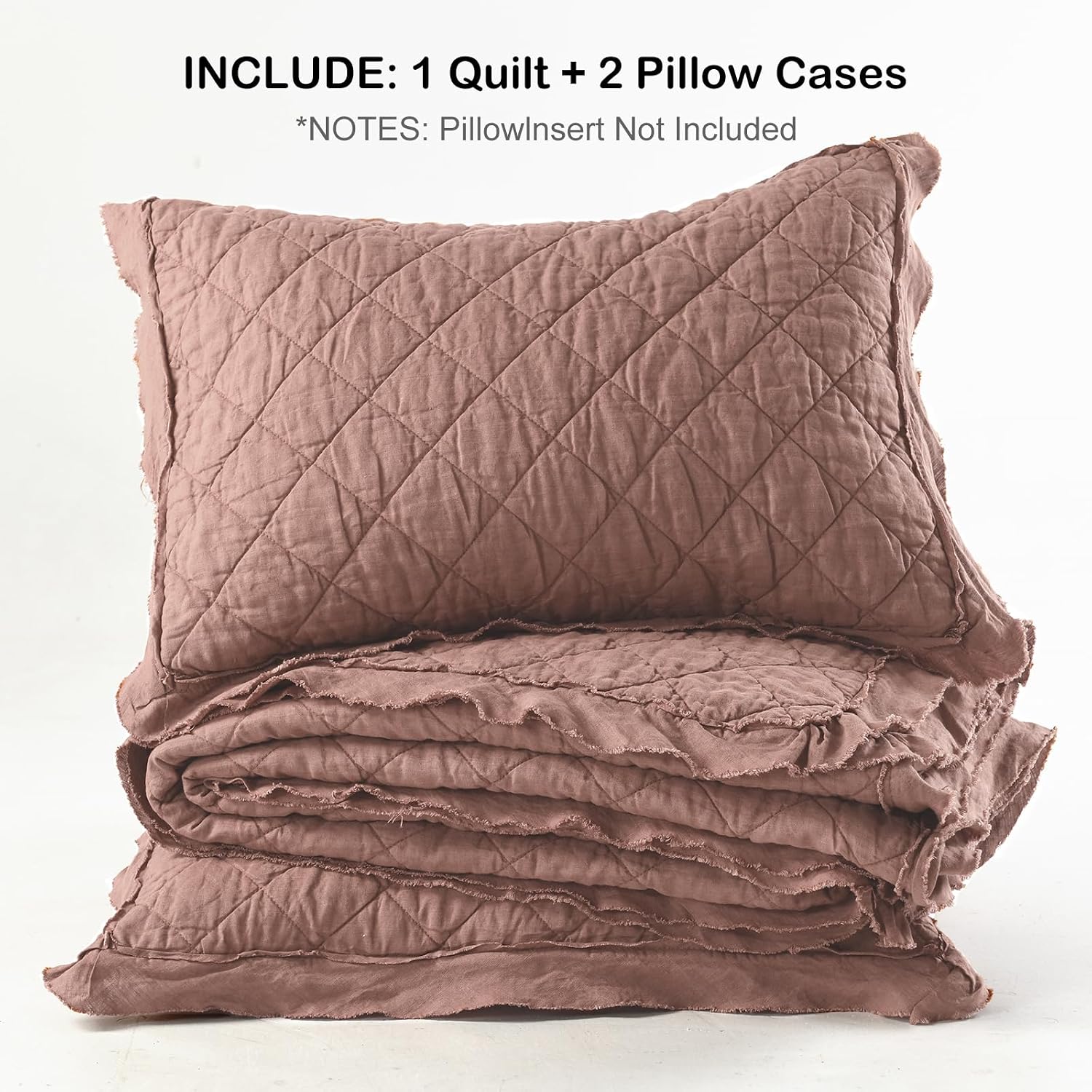 HORIMOTE HOME 100% Linen Front/100% Cotton Back Quilt Set King Size, Cameo Rose Pre-Washed European Flax Linen Quilt, Diamond Stitch Bedspread Coverlet Bedding Set 3-Piece for All Seasons
