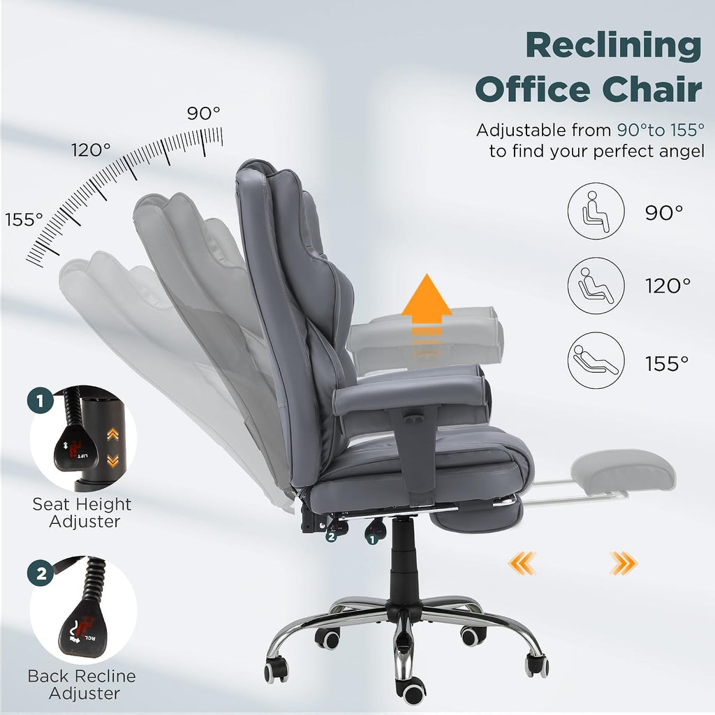 HOMREST Grey Ergonomic Office Chair with 6-Point Vibration Massage & Heat – Reclining Executive Chair with Adjustable Footrest and Armrests, PU Leather Big and Tall Home Office Desk Chair