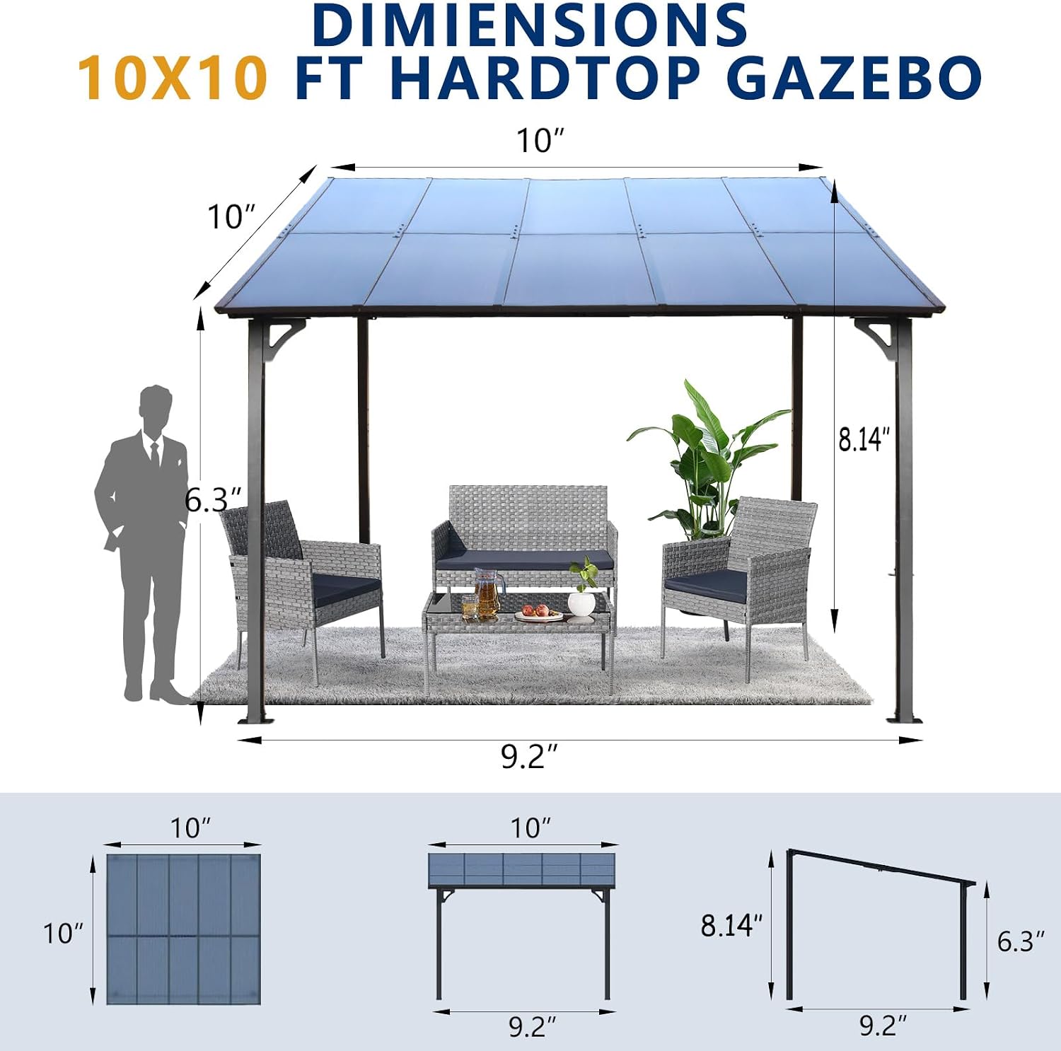 KEIKI 10x10 FT Outdoor Metal Flexible Top Lean to Gazebo Pergola with Sloped Roof, Heavy Duty Wall-Mounted Patio Awnings with Powder-Coated Steel Frame, for Lawn, Garden, Backyard and Deck, Grey